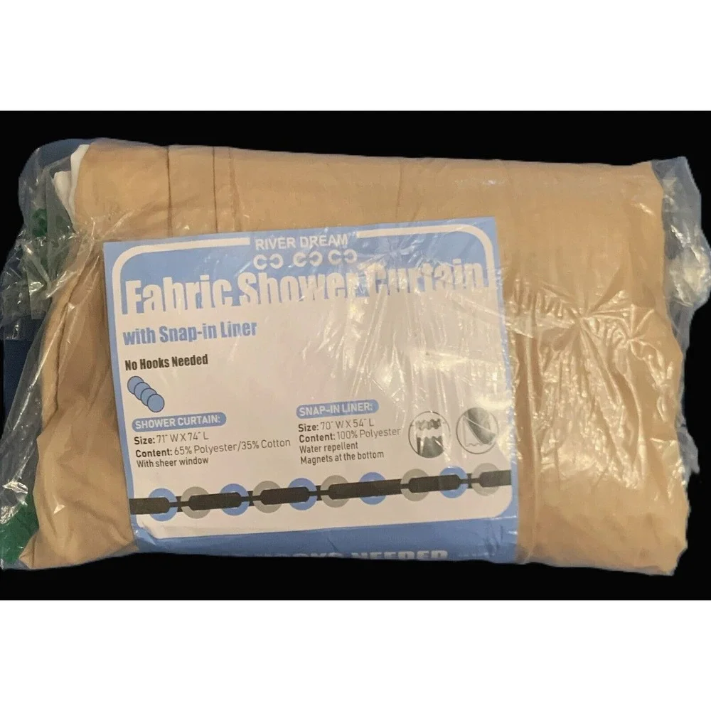 Fab Hotel Type Shower Curtain Beige Fabric Sheer Window w Snap Lower Liner 71x74